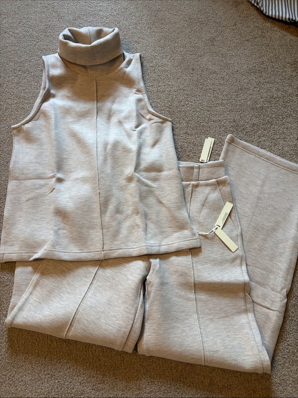 Sleeveless Turtleneck Top & Wide-Leg Pants Set - Oatmeal
